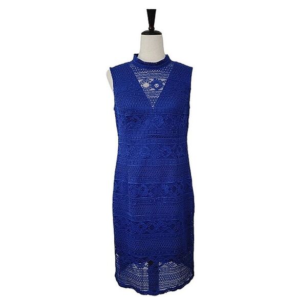 Enfocus Studio Royal Blue High Neck Lace Sleeveless Lined Fitted Dress - Picture 1 of 7